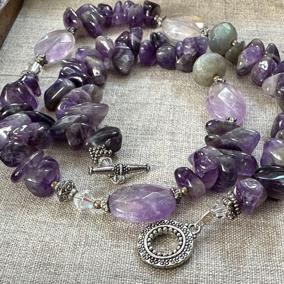 Amethyst Labradorite Beaded Sterling Silver Necklace 19" Toggle Clasp Purple VTG - Picture 13 of 16